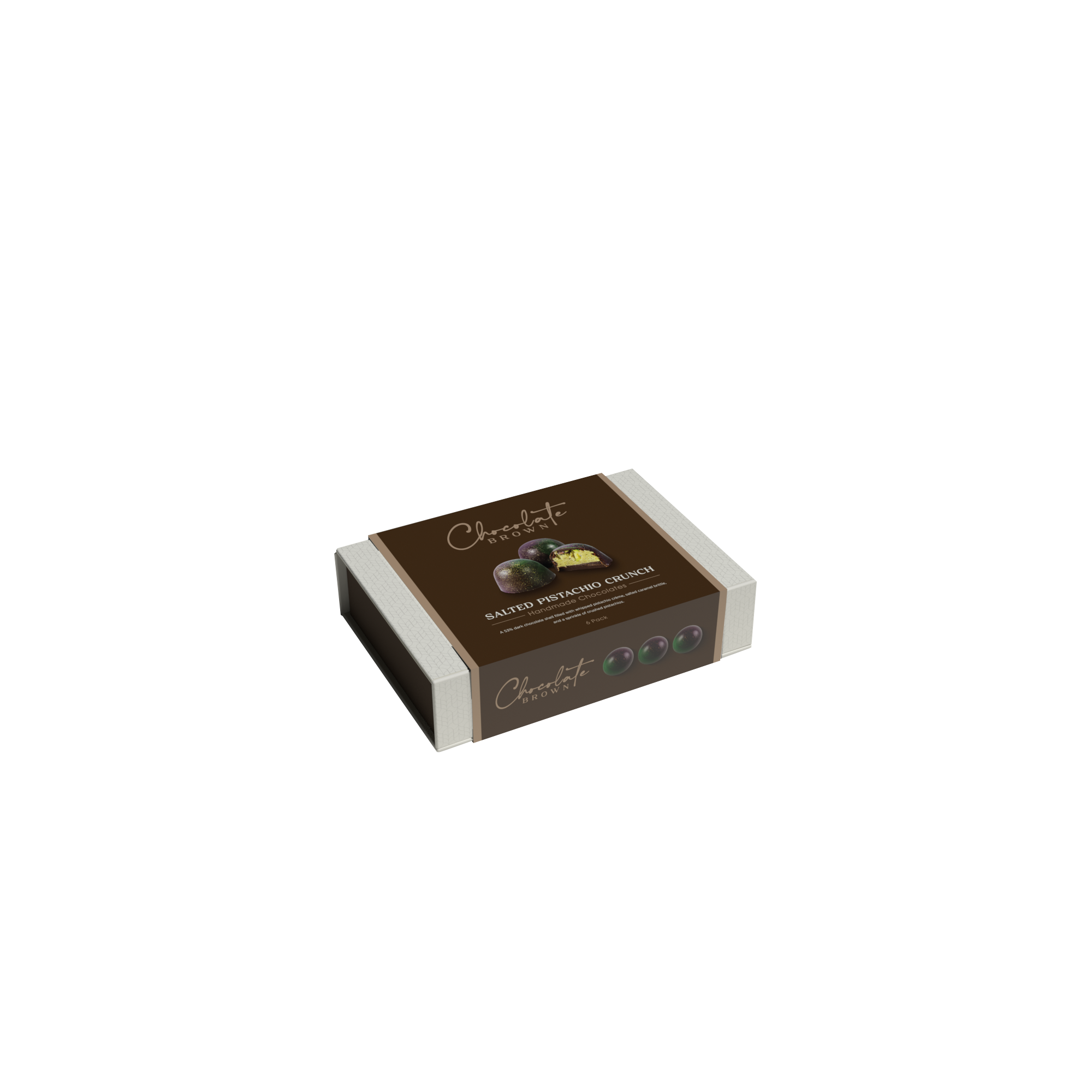 CBB91 boxed chocolates - pistachio crunch - 6 pack chocolate brown